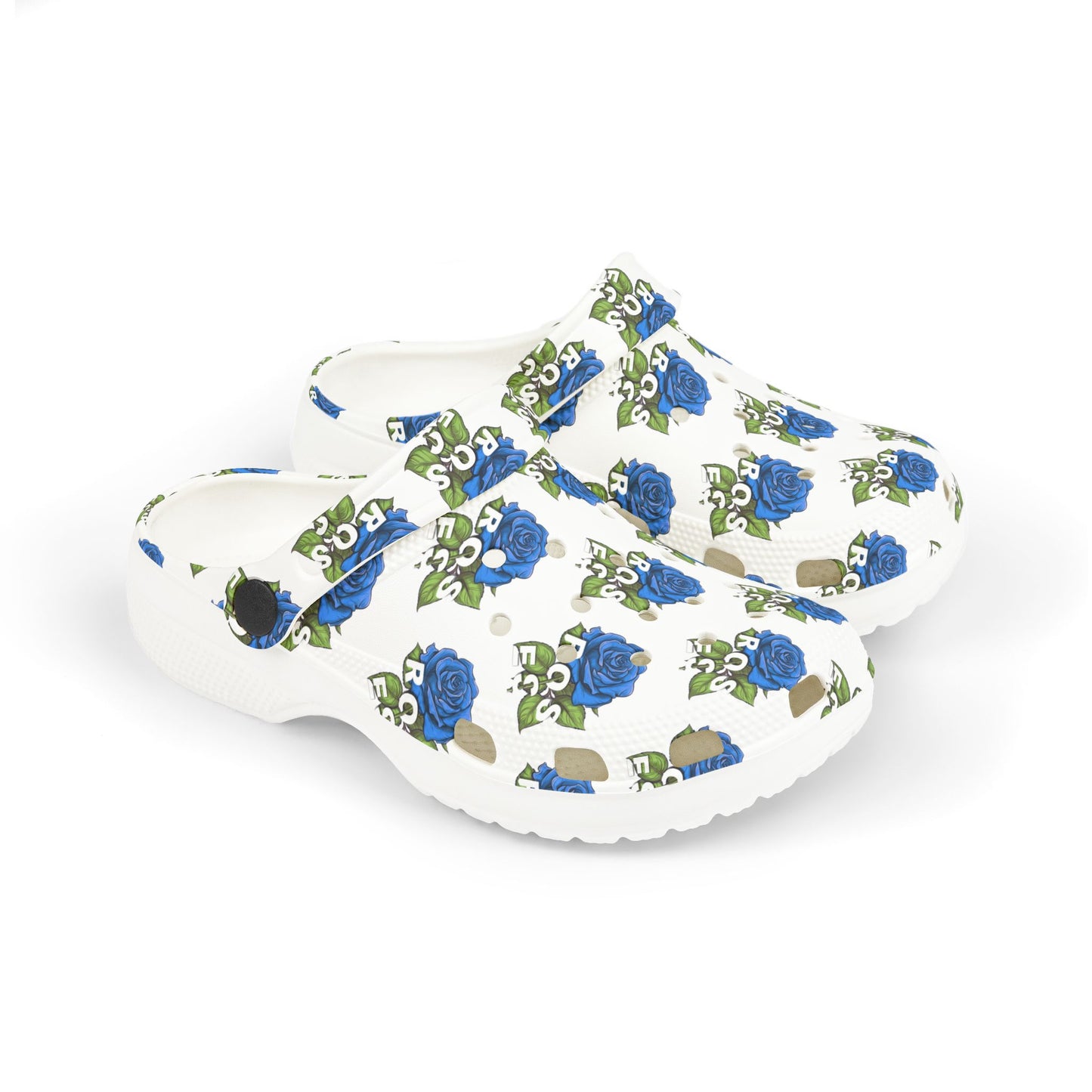 White Blue Roses Kid's Clogs