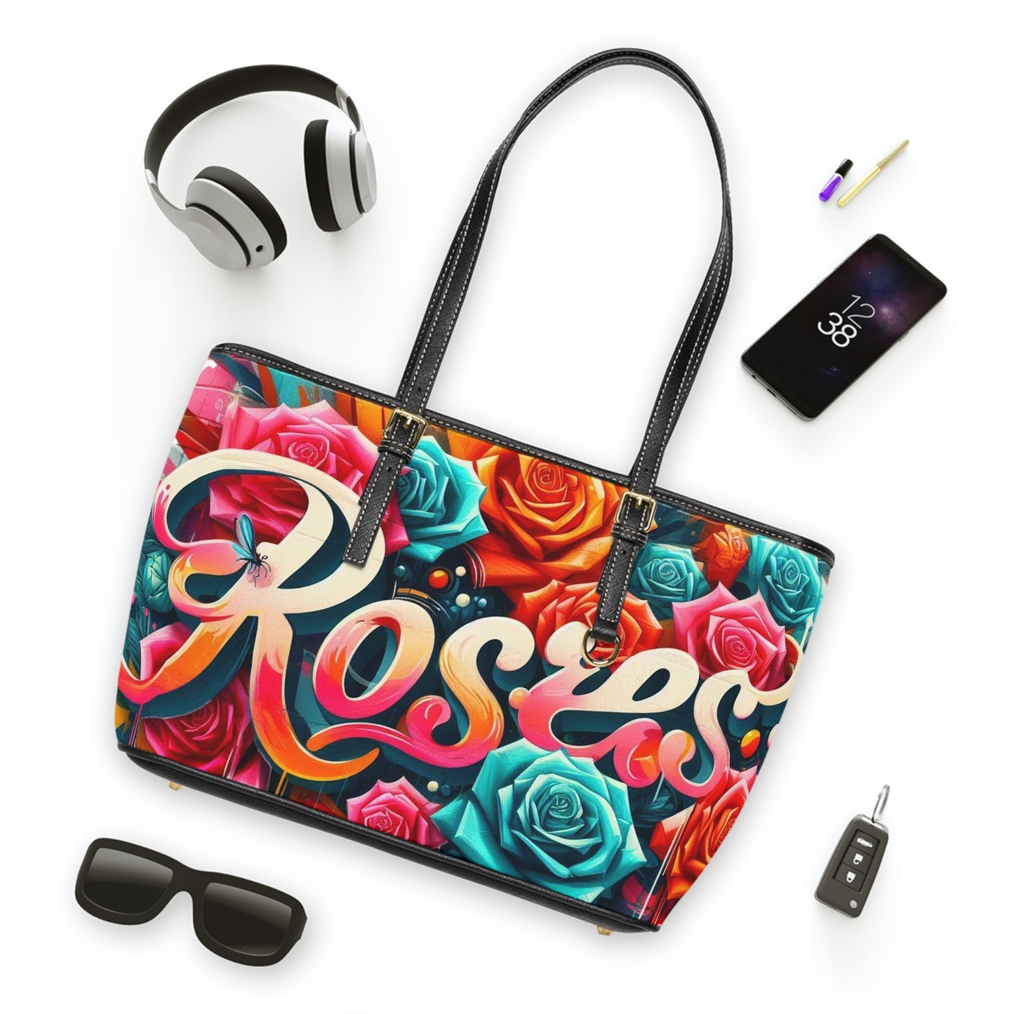 Roses Graffiti #3 Leather Shoulder Bag