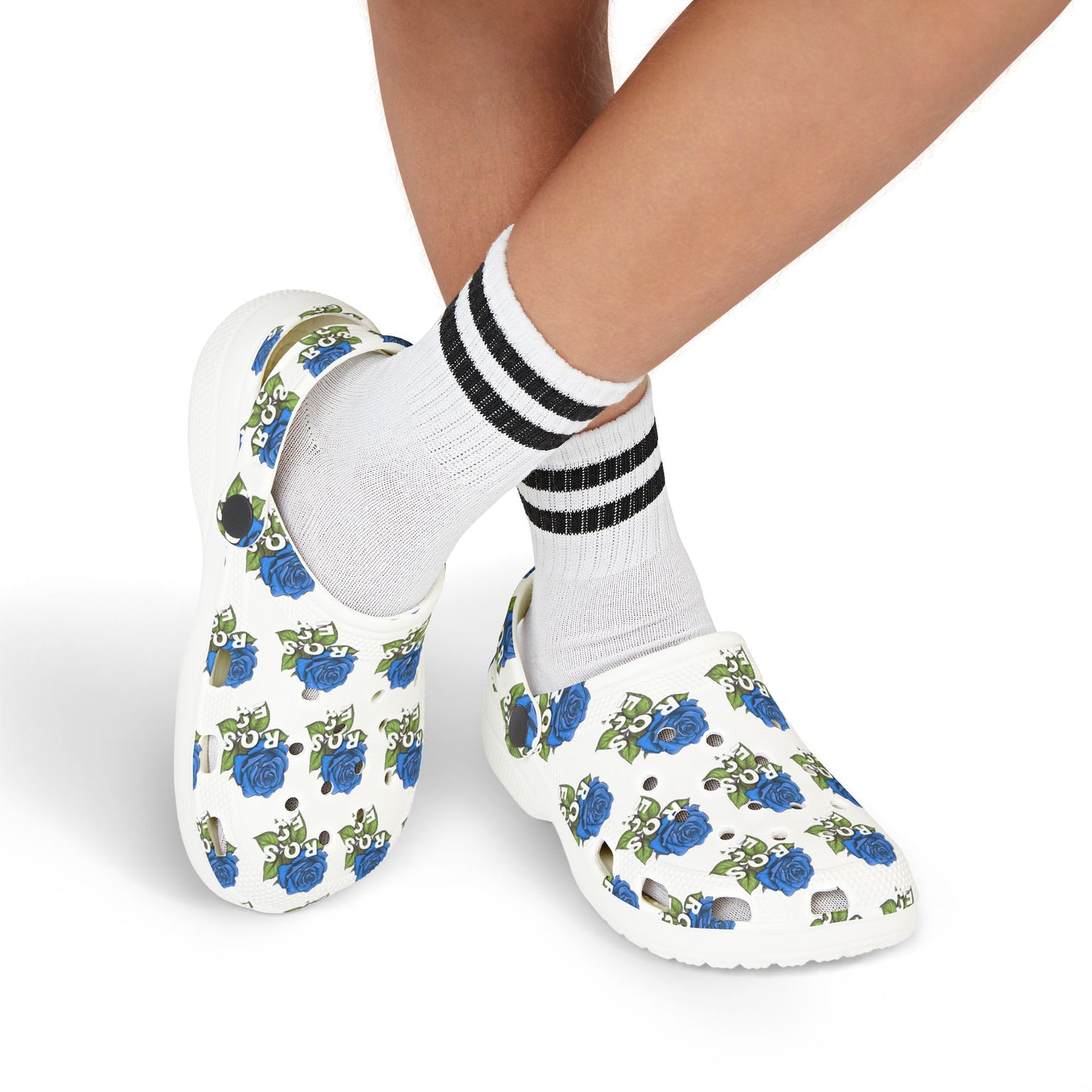 White Blue Roses Kid's Clogs