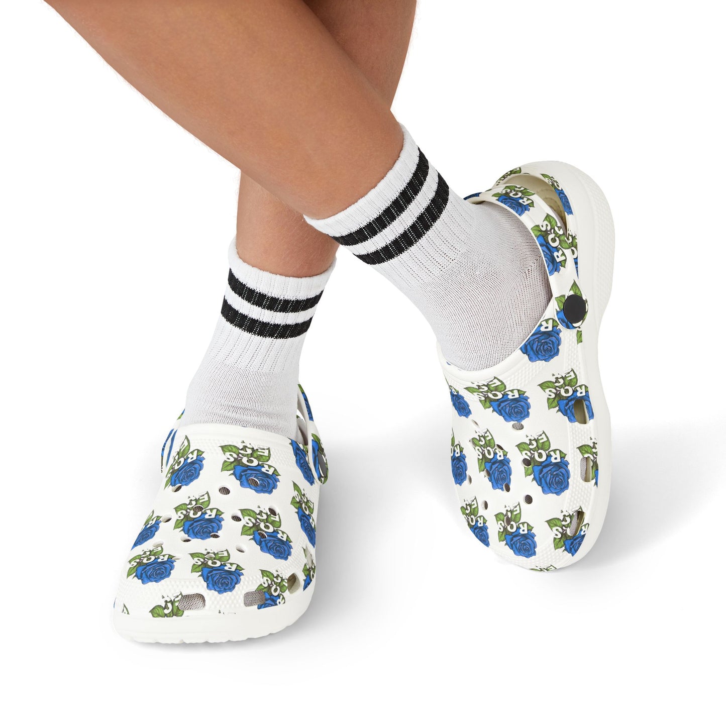 White Blue Roses Kid's Clogs