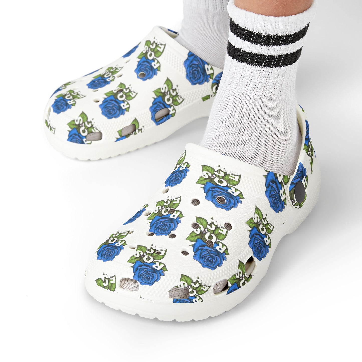 White Blue Roses Kid's Clogs